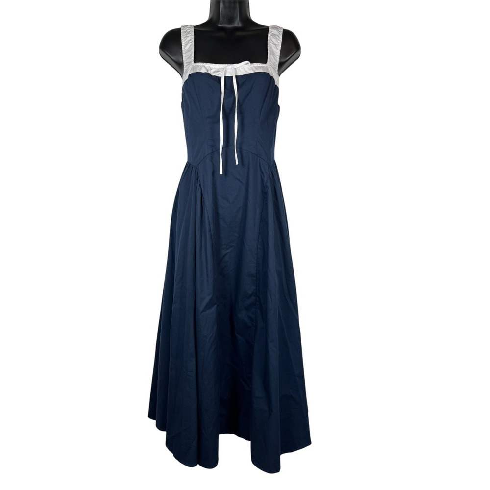 New MOON RIVER Sz M Dress Midi Navy White Bow Basque Smocked Back Tuckernuck NWT